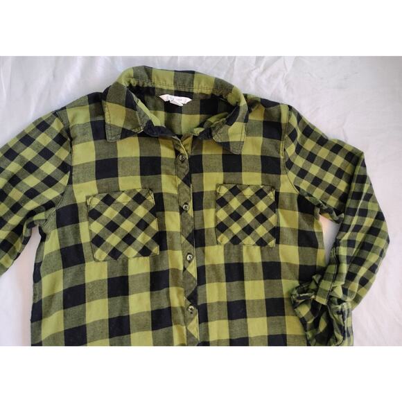 Est 1946 Juniors XS Plaid Button Up Top Green Black Long Roll Tab Sleeves XSmall - Picture 2 of 15